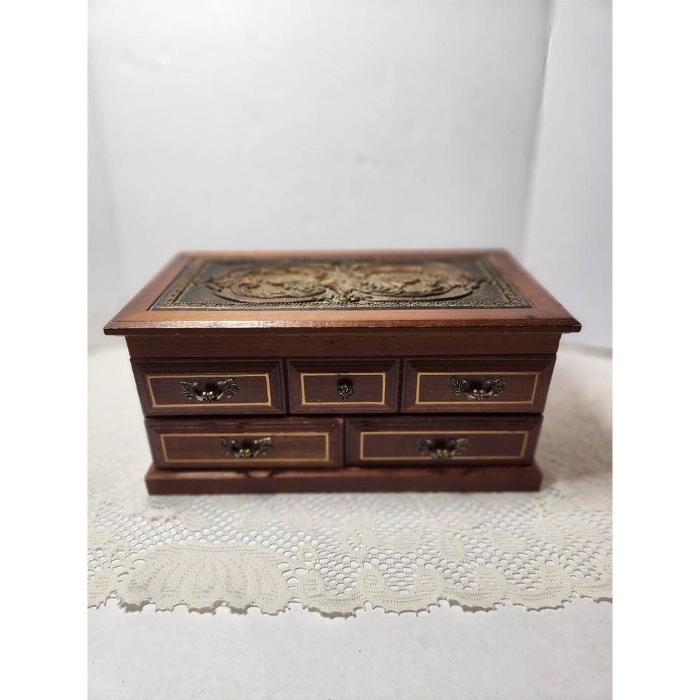 Vtg Wooden Musical Jewelry‎ Box Organizer Storage with 2 Drawers "Love story"